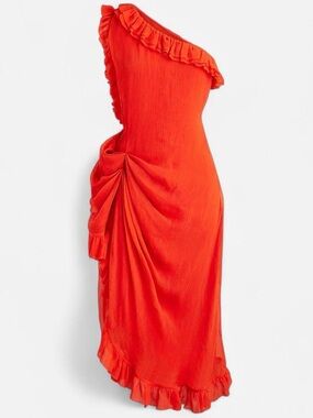 Jcrew asymmetric red crinkle chiffon draped midi dress